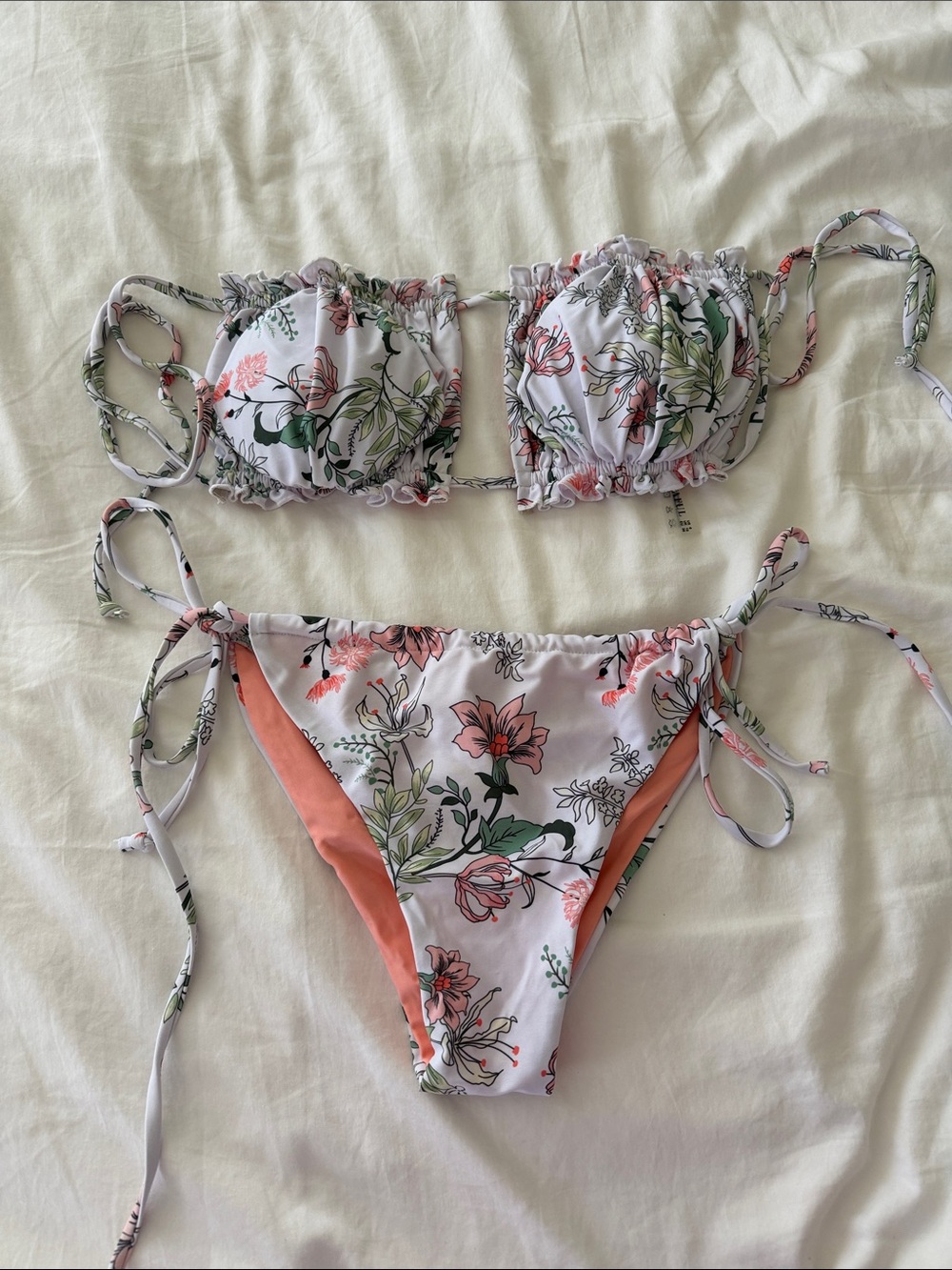 Zaful White Floral Two-Piece Bikini with Pink and Green Accents